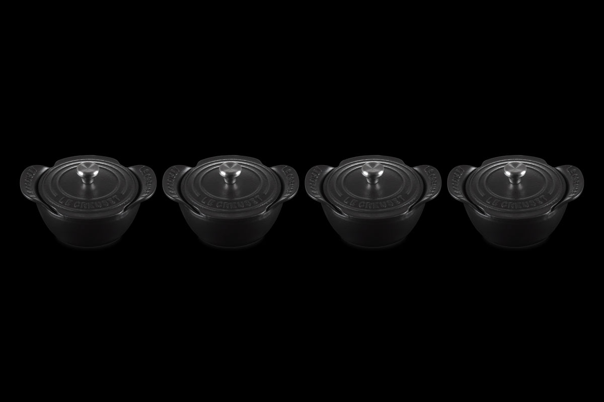 Mini Round Cocotte 1/3 QT in Matte Black with Sterling Silver Knobs, Set of 4