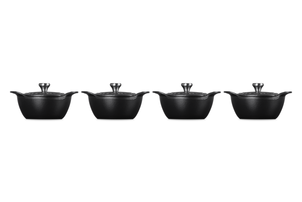 Mini Round Cocotte 1/3 QT in Matte Black with Sterling Silver Knobs, Set of 4