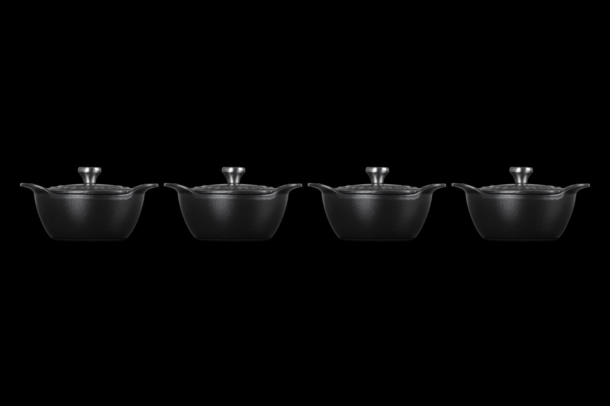 Mini Round Braiser 1/3 QT in Matte Black with Sterling Silver Knobs, Set of 4