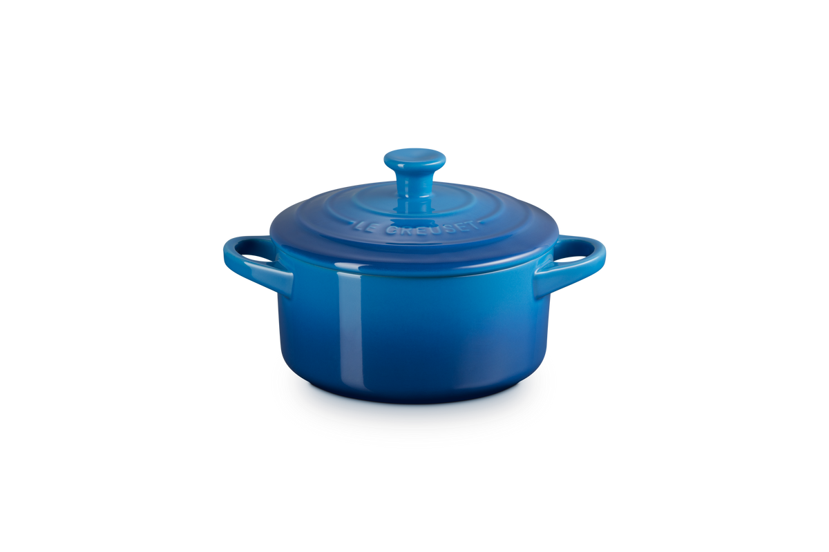 Front view of Mini Round Cocotte in Marseille showcasing blue glazed finish and fitted lid with a white background