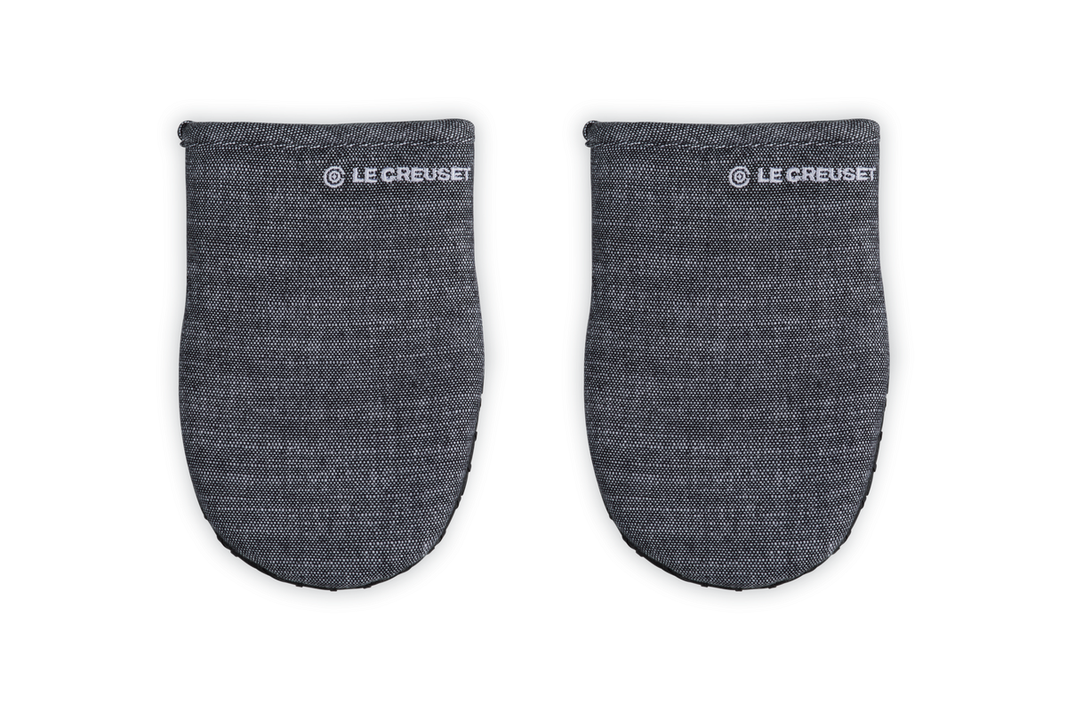 Front view of Mini Oven Mitts 8 inch in Noir, set of 2 showcasing patterned silicone design with dark background