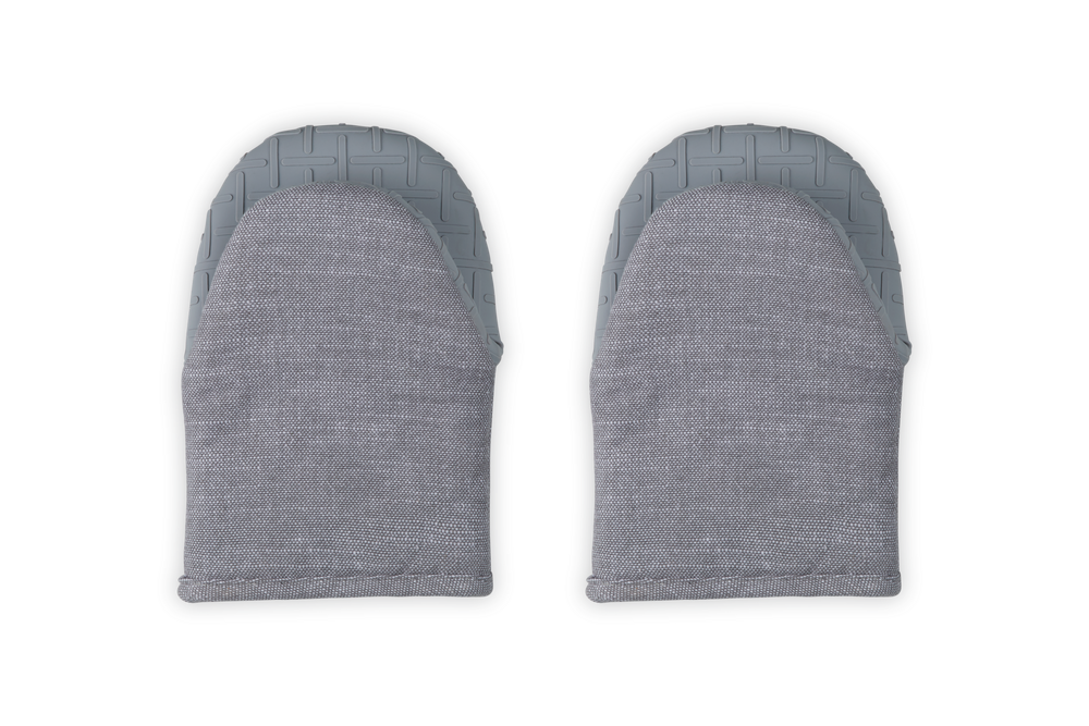 Top view of pair of 8-inch mini oven mitts in Charbon showing patterned silicone grip and soft terry exterior on white