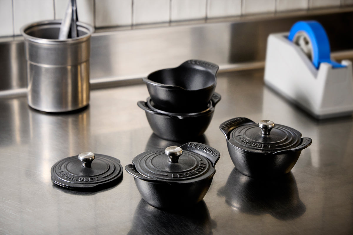 Mini Round Braiser 1/3 QT in Matte Black with Sterling Silver Knobs, Set of 4