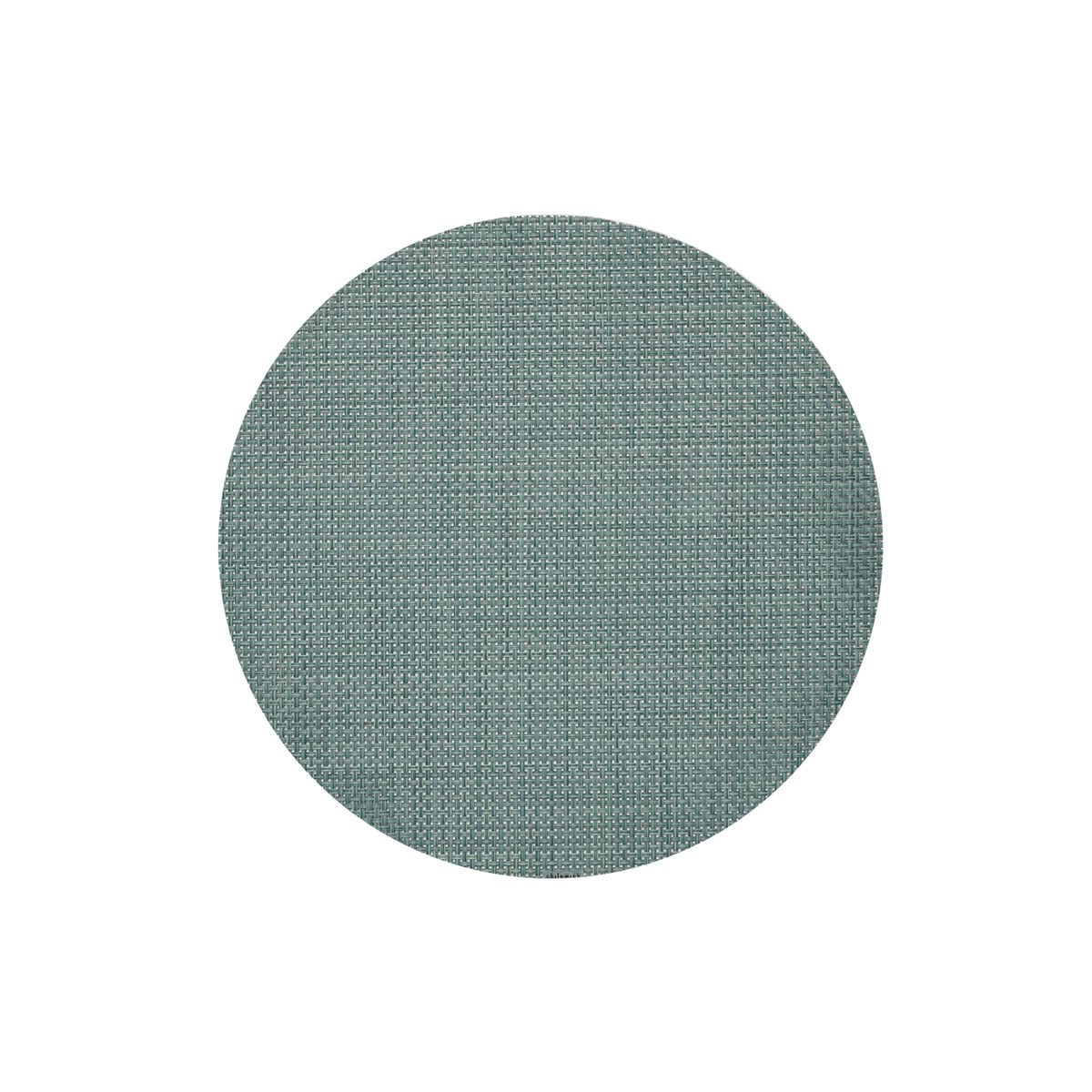 Top-down view of Basketweave round placemat showcasing woven texture in celadon on white background