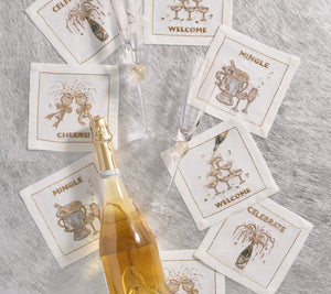Cheers Cocktail Napkin in White, Gold & Silver, Set of 8