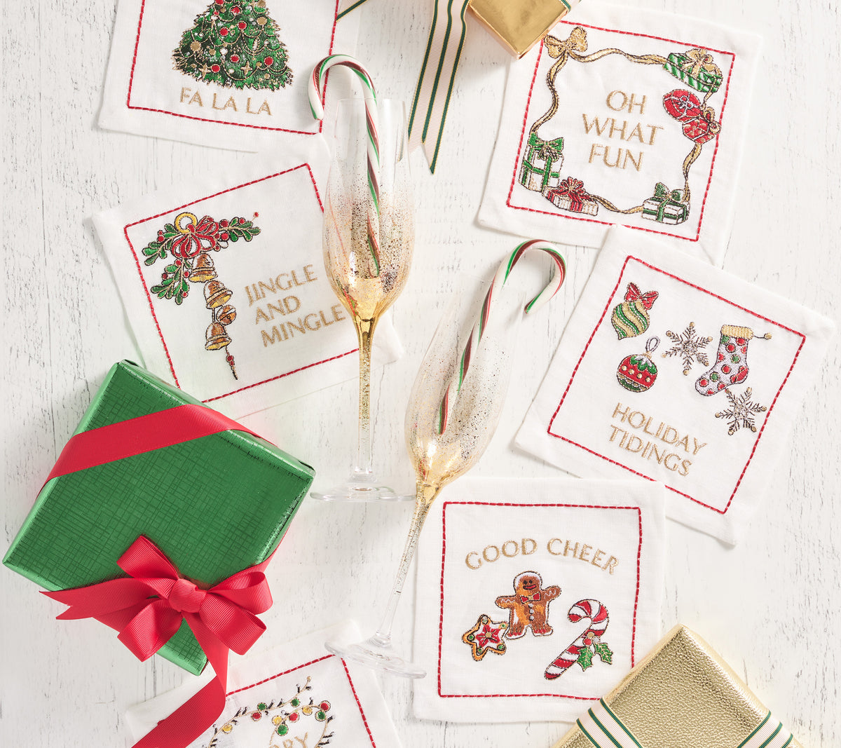 Merry and Bright Cocktail Napkin in White, Red & Green, Set of 6