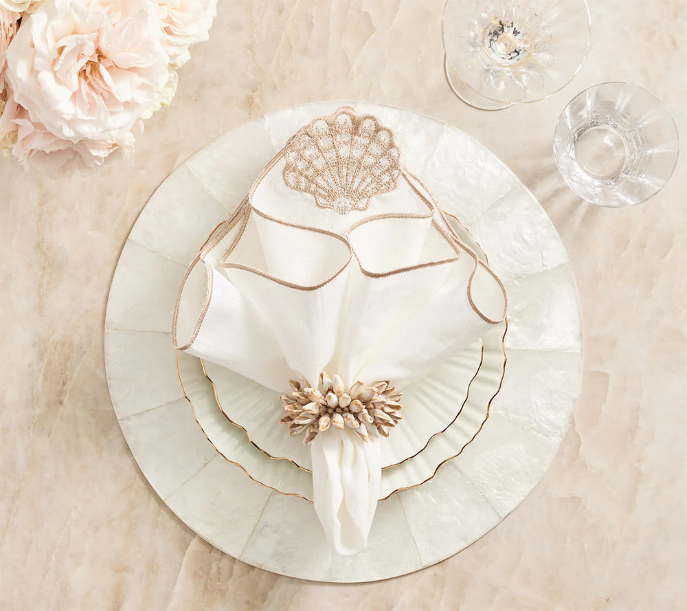 Shell Fringe Napkin Ring in Ivory & Brown, Set of 4