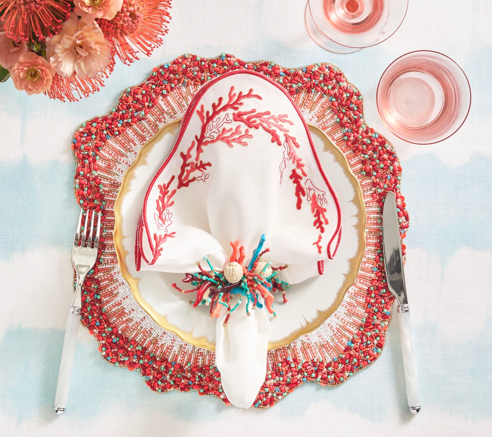 Coral Spray Napkin Ring in Natural, Coral & Turquoise, Set of 4