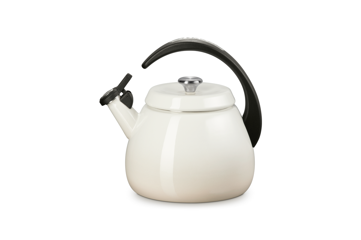 Front view of Cloche Kettle in White showcasing glossy enamel finish and halo-style handle against a white background