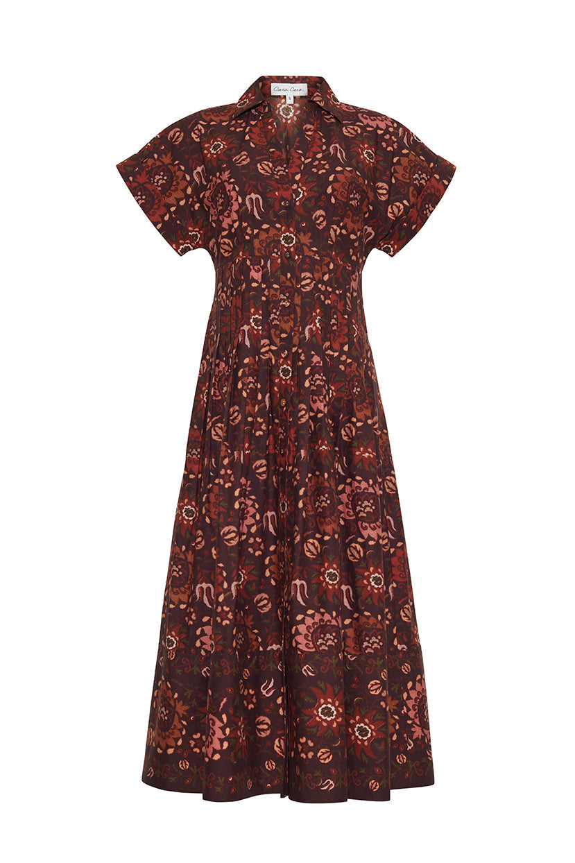 Front view of Nash midi dress in Batik Vine Wine showcasing short sleeves, collar, button front, and midi length on white