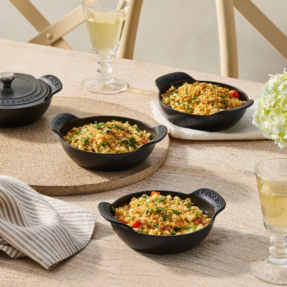 Mini Round Braiser 1/3 QT in Matte Black with Sterling Silver Knobs, Set of 4