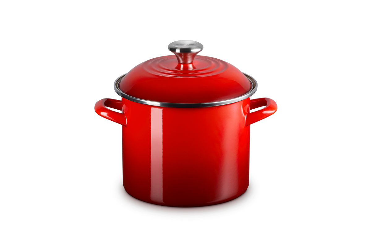 Front view of 6 qt. Stockpot in Cerise showcasing its domed lid, side handles, and glossy red enamel with a gray background