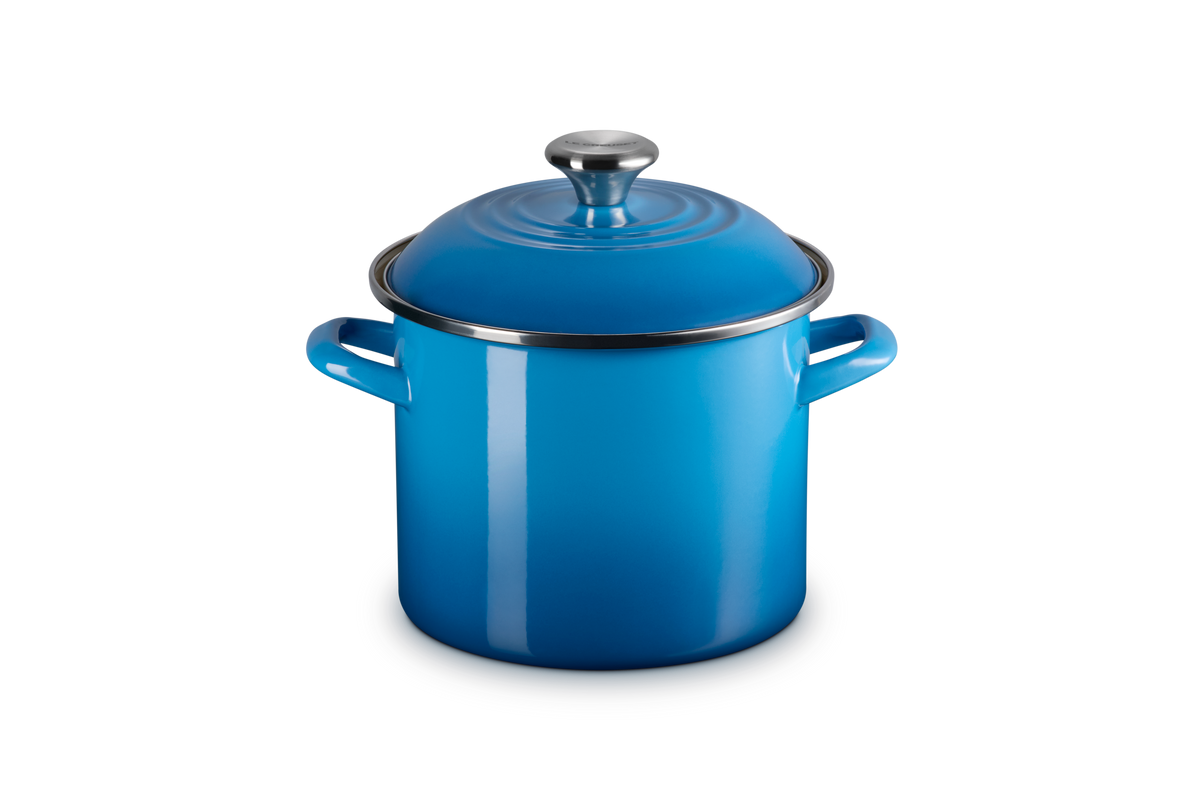 Front view of 6 qt. Stockpot in Marseille showcasing blue porcelain enamel finish, lid, and side handles on gray background
