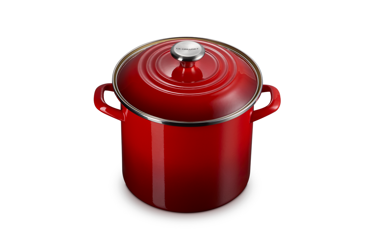 Front view of 8 qt Stockpot in Cerise showcasing its red finish, lid, and side handles with a dark background