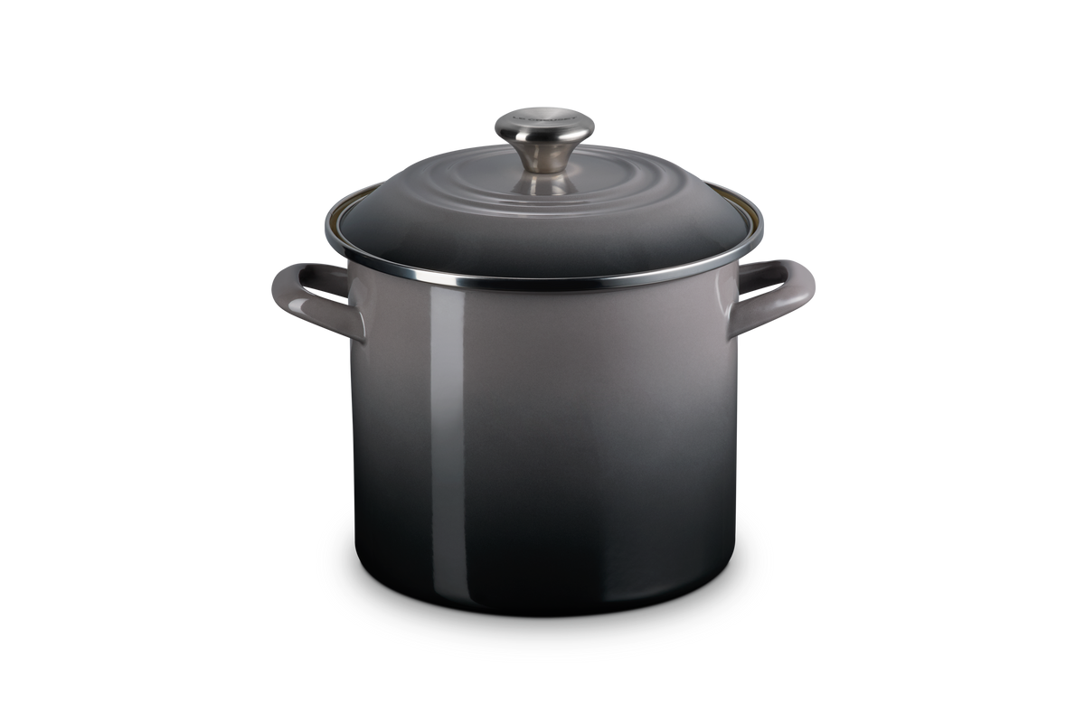 Front view of 8 quart Stockpot in Oyster showcasing lid and side handles against a white background