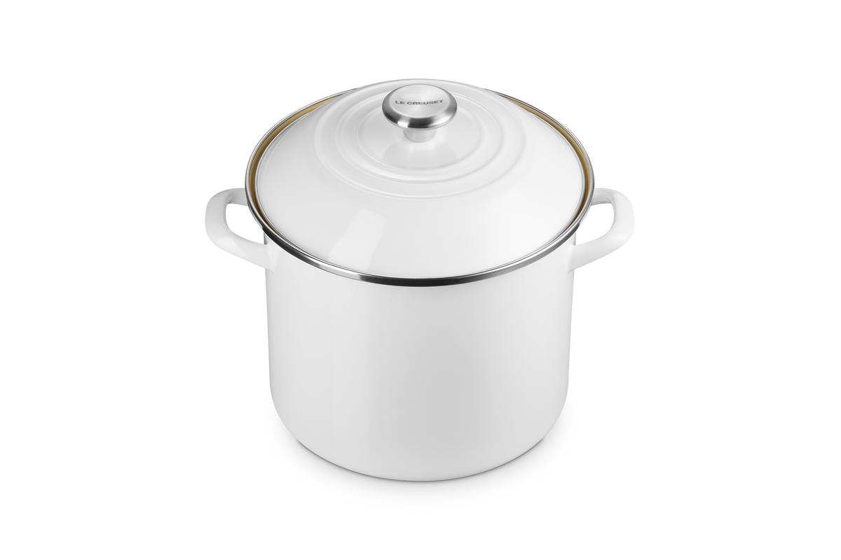 Top view of 8 qt. Stockpot in White showcasing its lid, gold-tone rim, and side handles on a white background