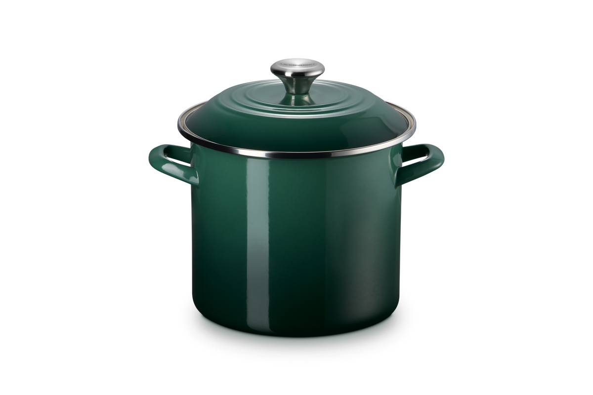 Front view of 8 qt Stockpot in Artichaut showcasing domed lid, metal knob, and side handles on gray background