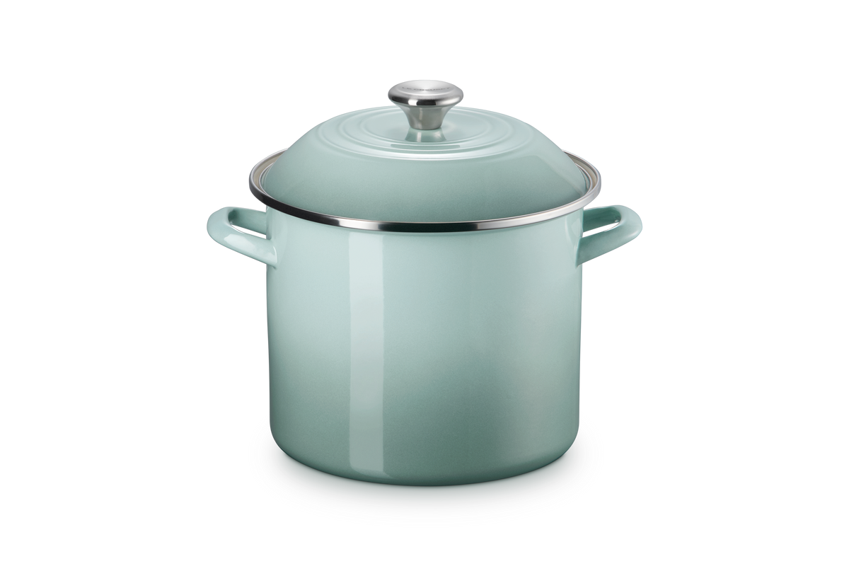 Front view of 6 qt. Stockpot in Sea Salt showcasing its lid and side handles with a gray background