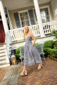 Katherine Dress in Navy Gingham with Cream Crochet Applique