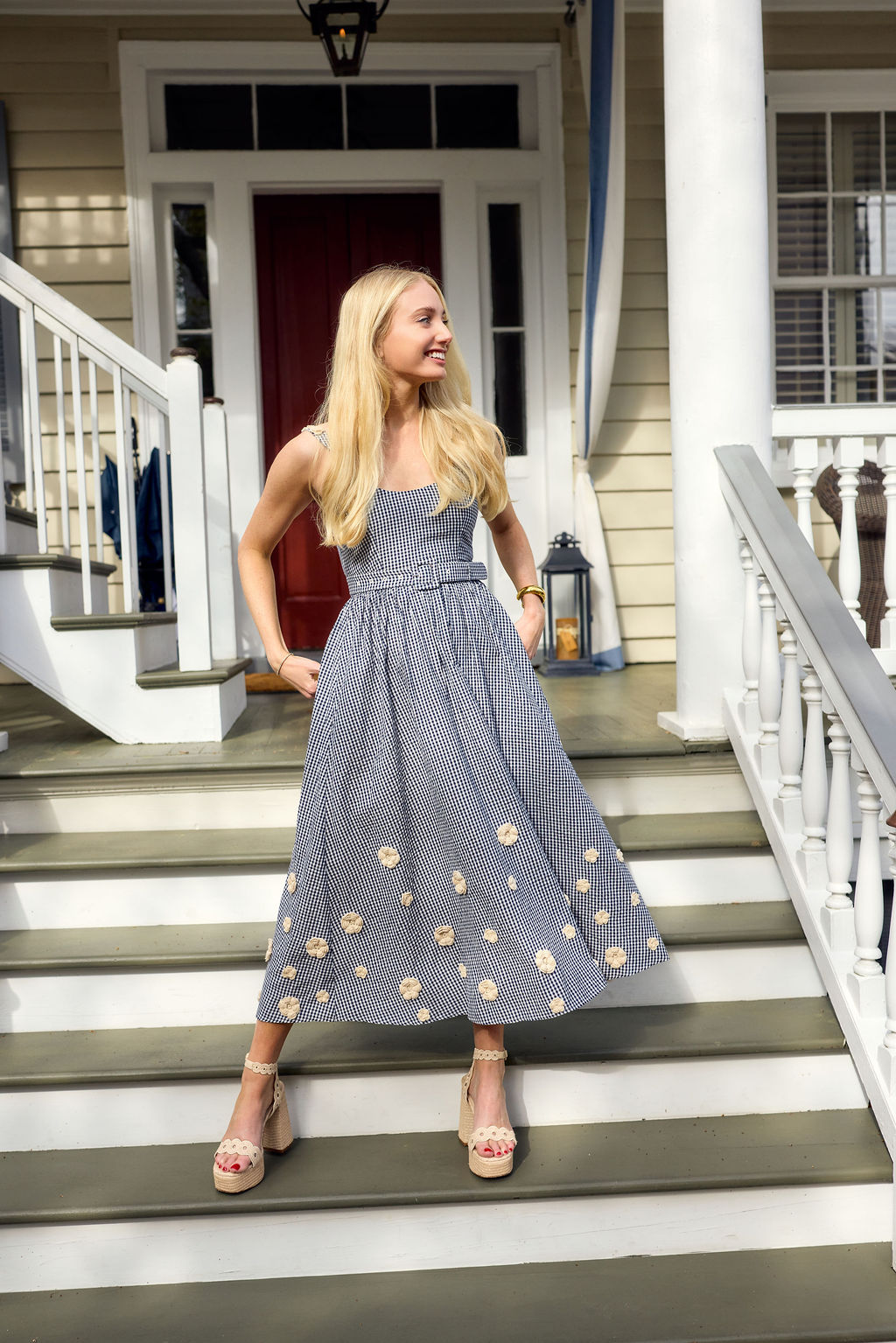 Katherine Dress in Navy Gingham with Cream Crochet Applique