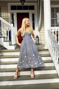Katherine Dress in Navy Gingham with Cream Crochet Applique