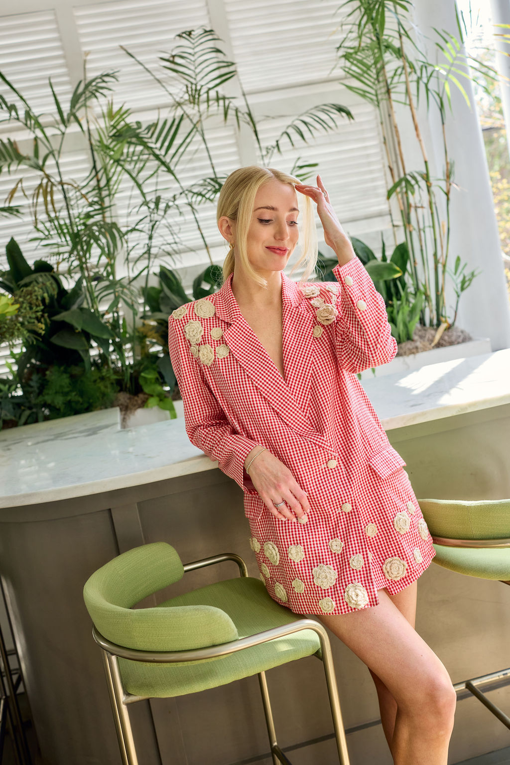 Meredith Blazer x Rainey Collaboration in Red Gingham with Cream Crochet Applique