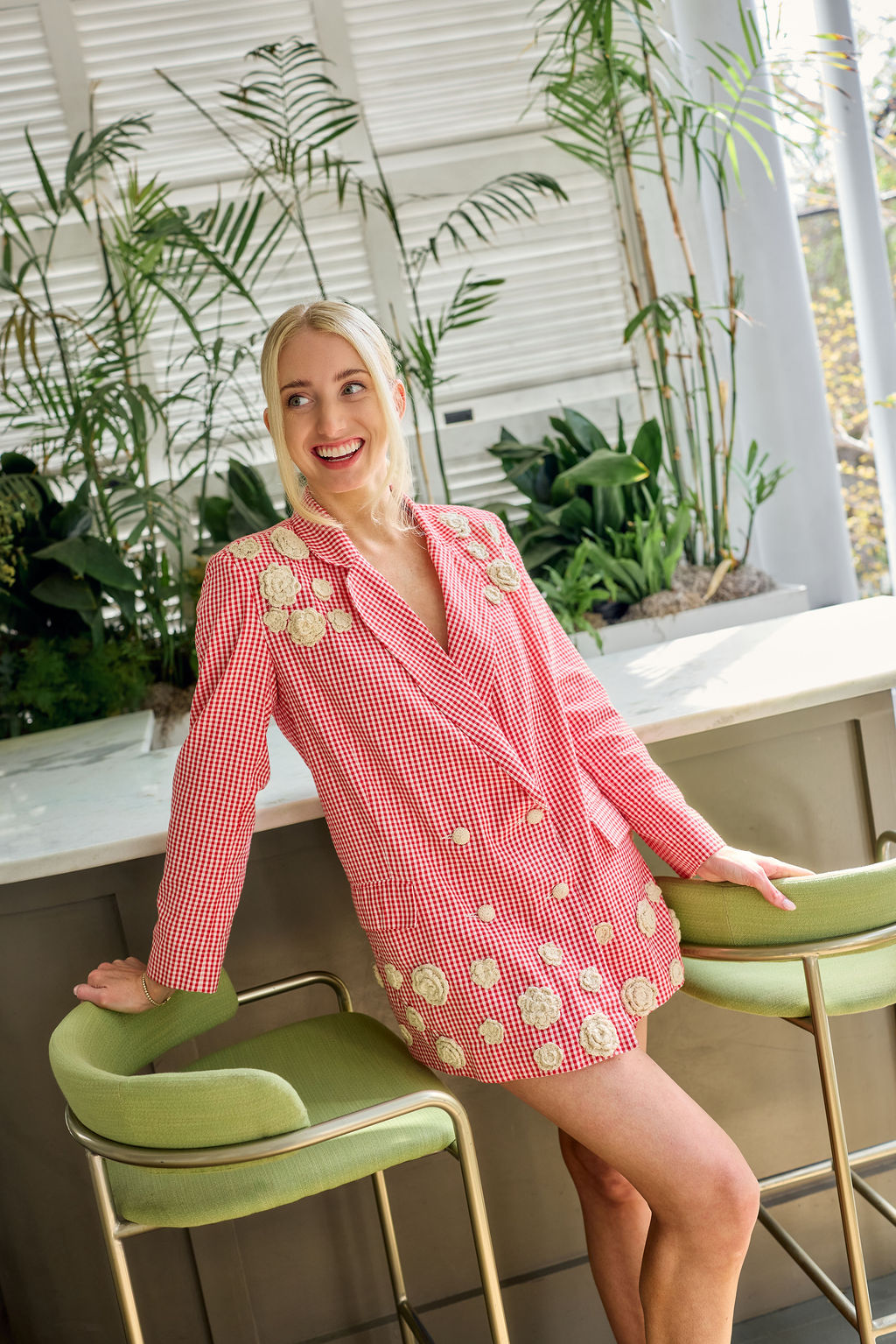 Meredith Blazer x Rainey Collaboration in Red Gingham with Cream Crochet Applique