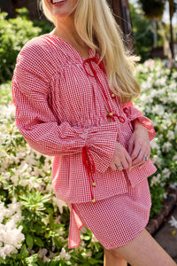 Isle Top x Rainey Collaboration in Red Gingham with Cream Crochet Applique