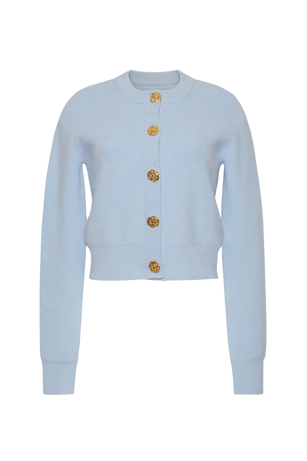 Front view of Ellery cardigan showcasing light blue ribbed knit, cropped fit, long sleeves and gold buttons on white background