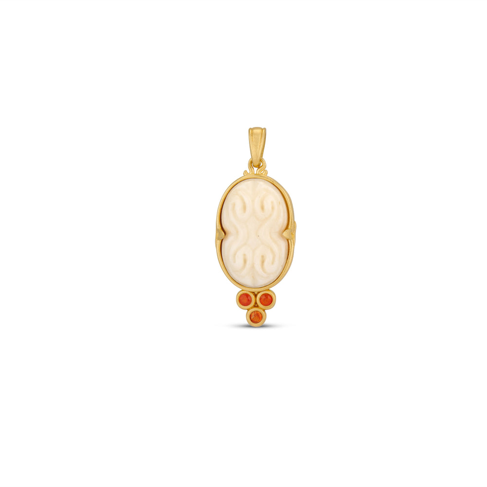 Front view of Cinched Cameo Charm showing hand-carved bone cameo in gold setting with three carnelian stones on white background