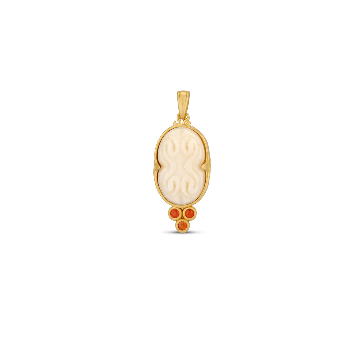 Front view of Cinched Cameo Charm showing hand-carved bone cameo in gold setting with three carnelian stones on white background
