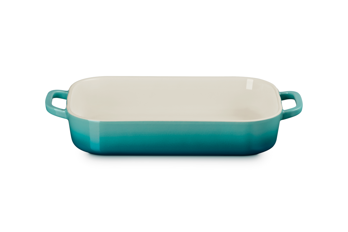Front view of Shallow Rectangular Dish, 3 qt, showcasing Riviera turquoise ombre exterior, cream interior, and side handles on white background
