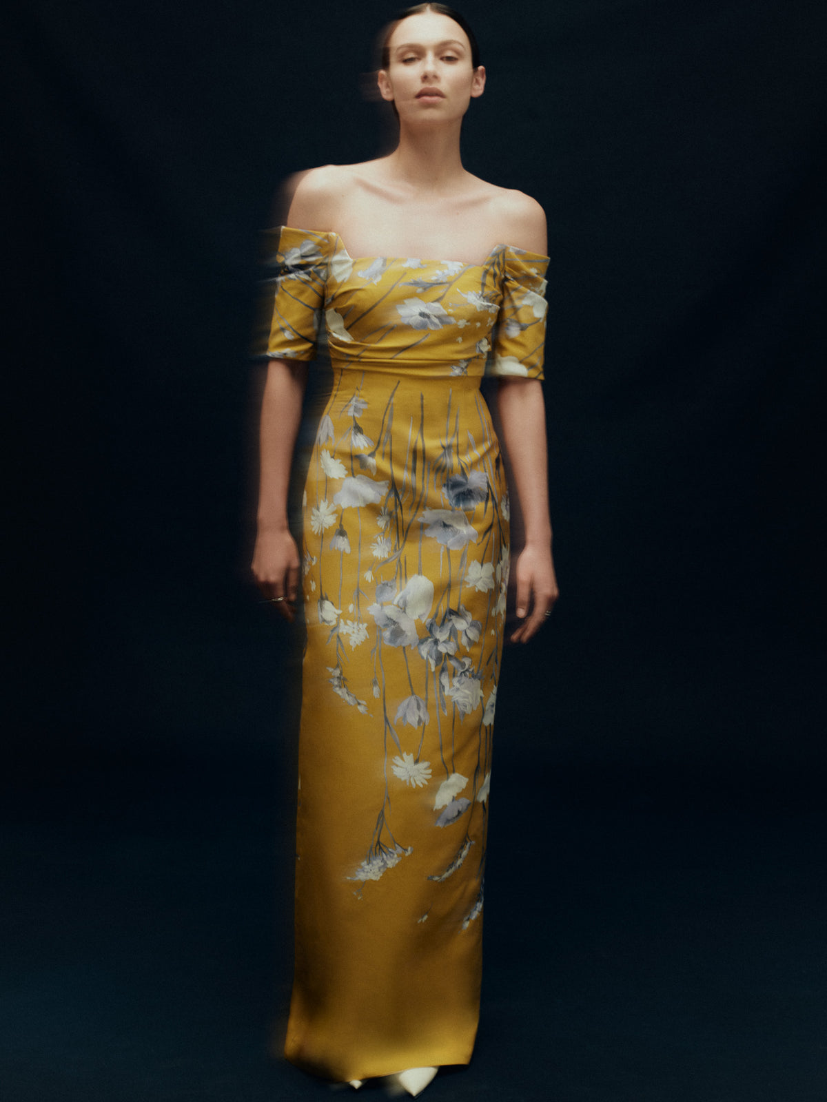 Floral Faille Cuff Sleeve Gown in Ochre Multi