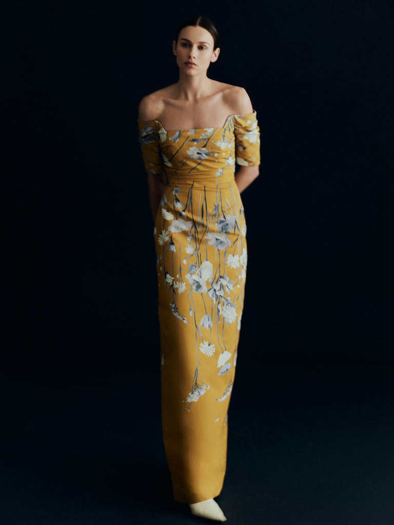 Floral Faille Cuff Sleeve Gown in Ochre Multi