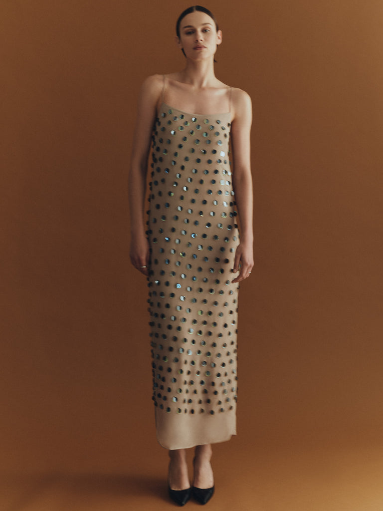 Paillette Embroidered Georgette Slip Dress in Taupe