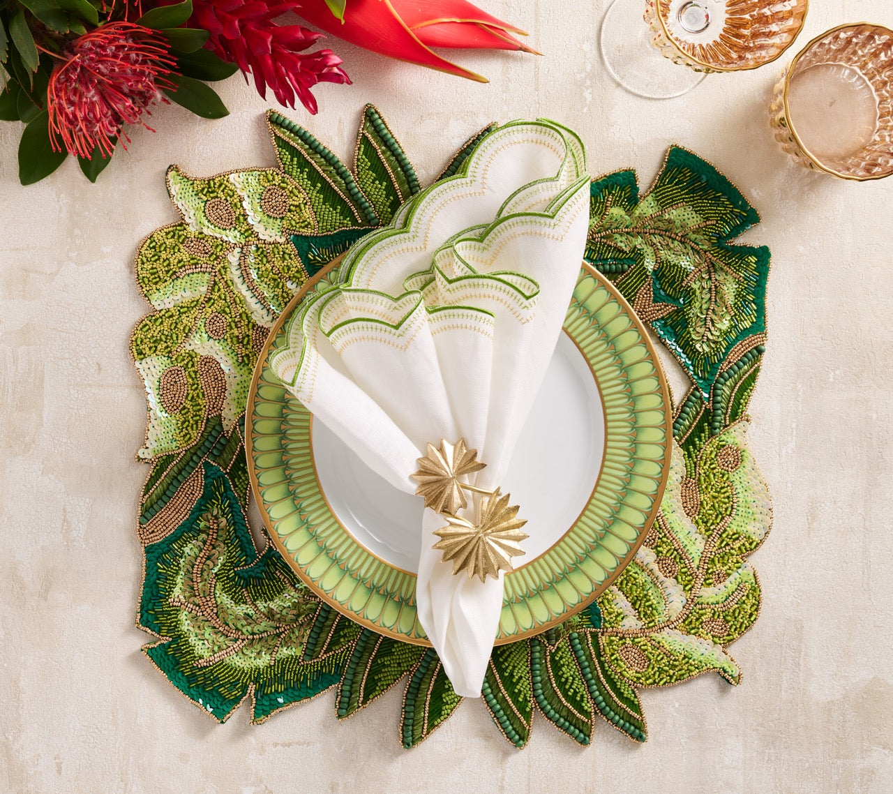 Lune Napkin in White, Green & Gold, Set of 4