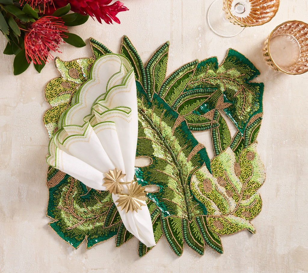 Lune Napkin in White, Green & Gold, Set of 4