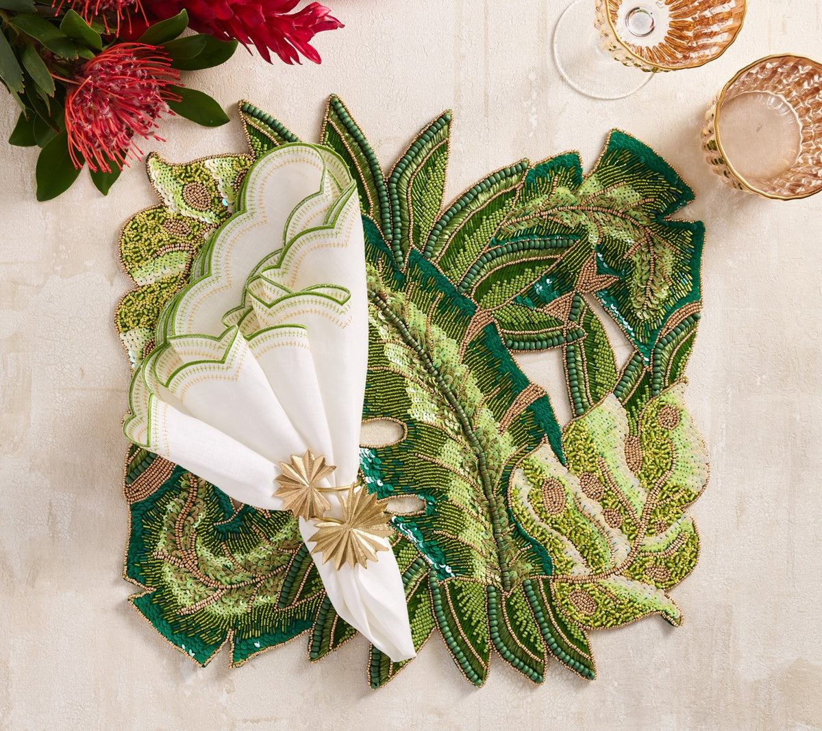 Lune Napkin in White, Green & Gold, Set of 4