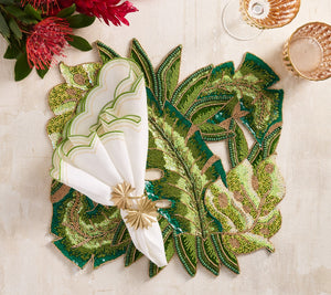 Lune Napkin in White, Green & Gold, Set of 4
