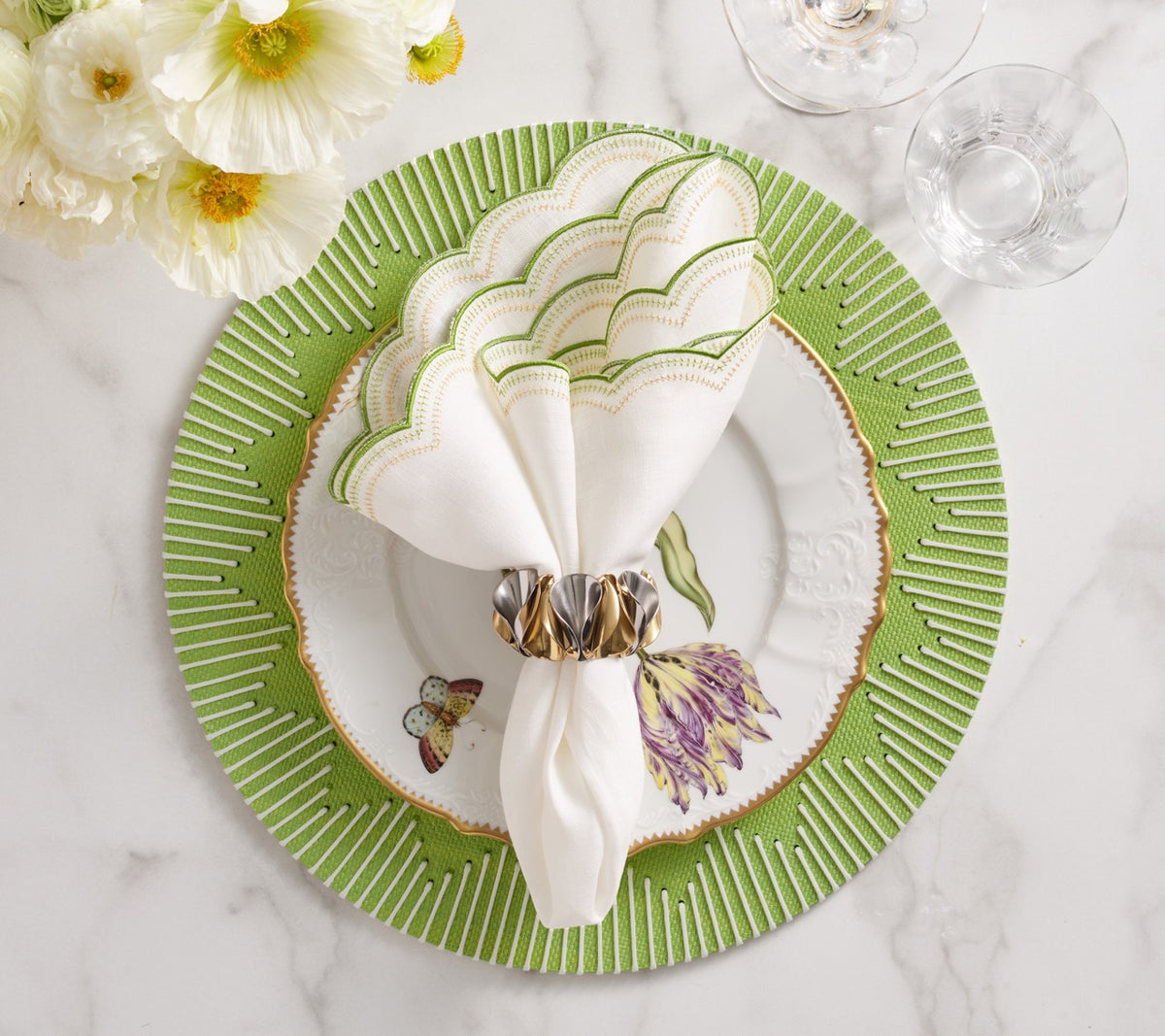 Lune Napkin in White, Green & Gold, Set of 4