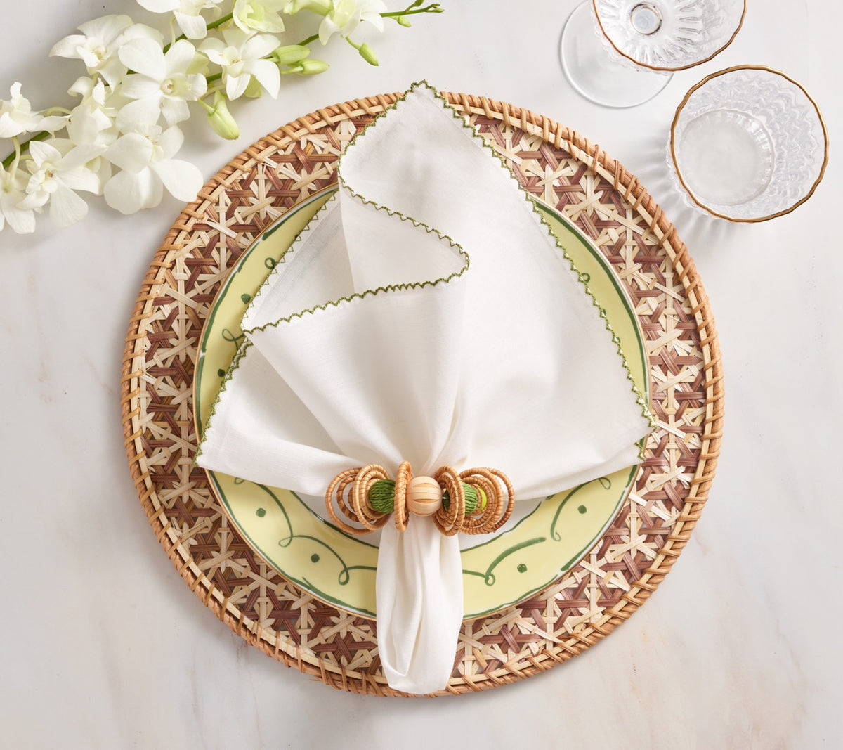 Calypso Napkin Ring in Natural & Green, Set of 4