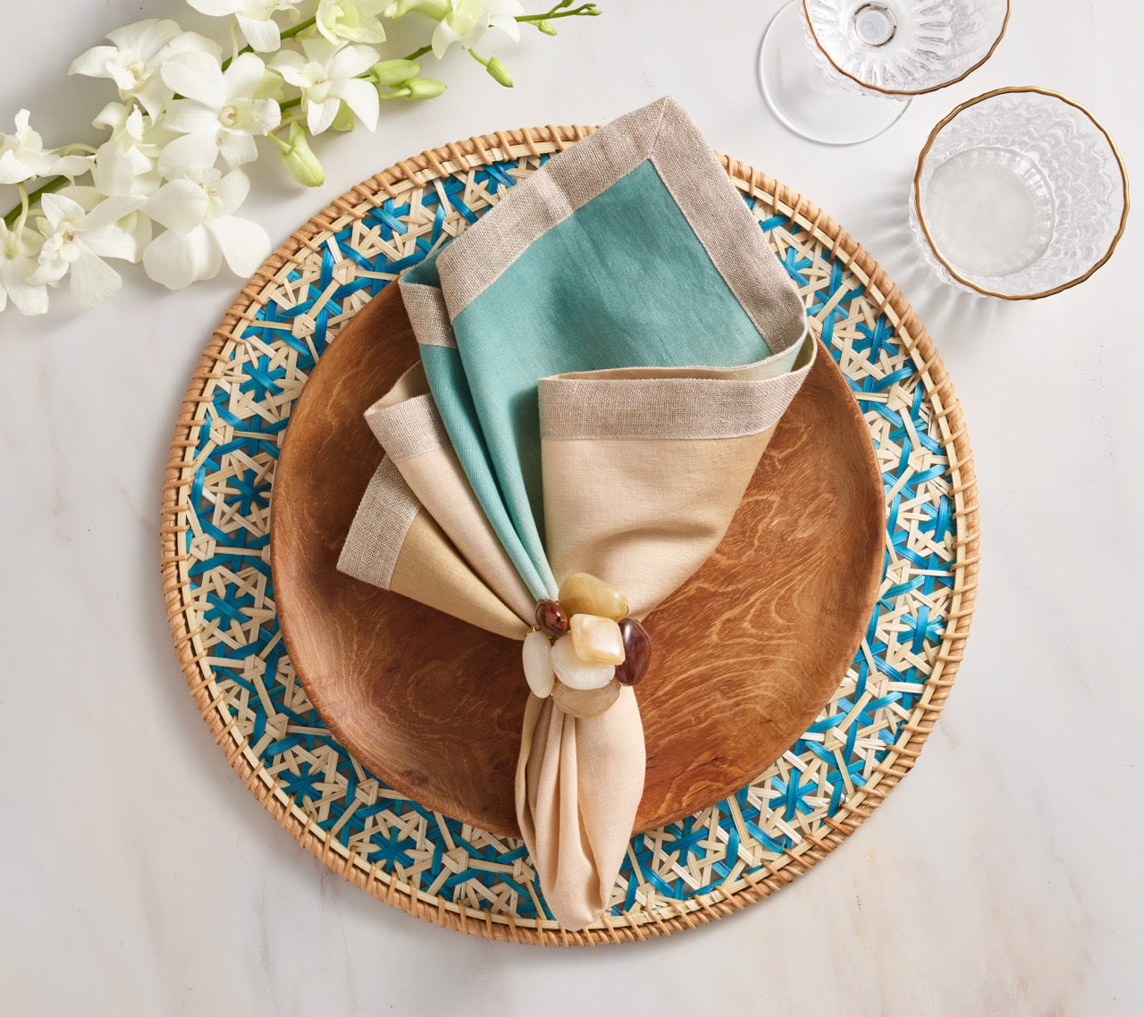 Lanai Placemat in Natural & Turquoise, Set of 4