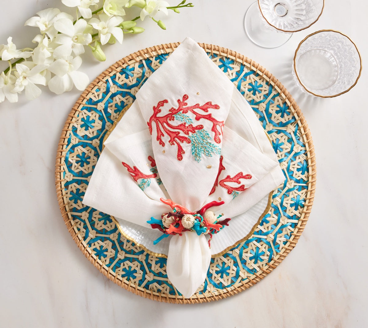 Lanai Placemat in Natural & Turquoise, Set of 4