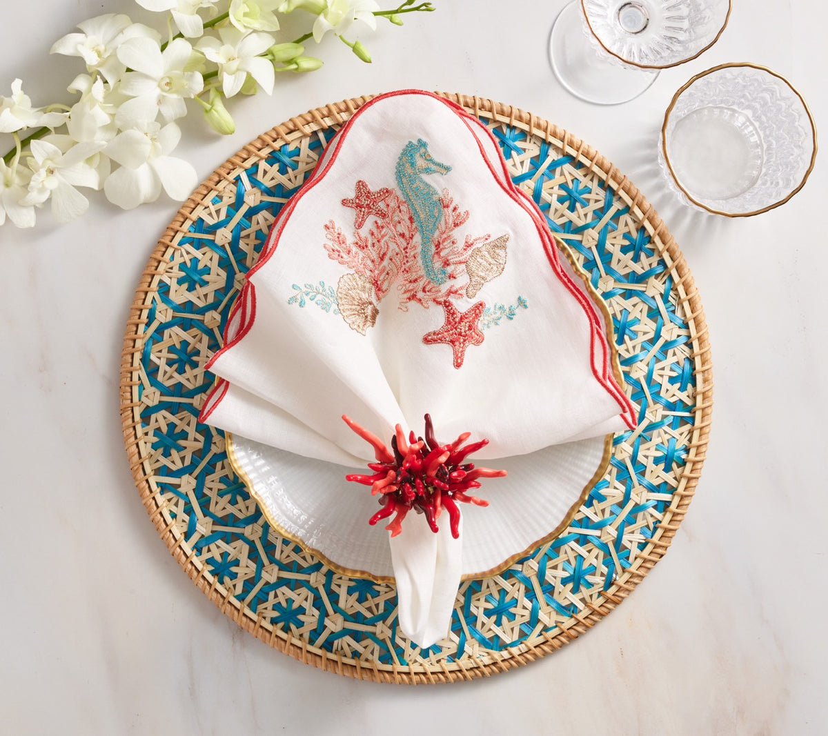 Lanai Placemat in Natural & Turquoise, Set of 4