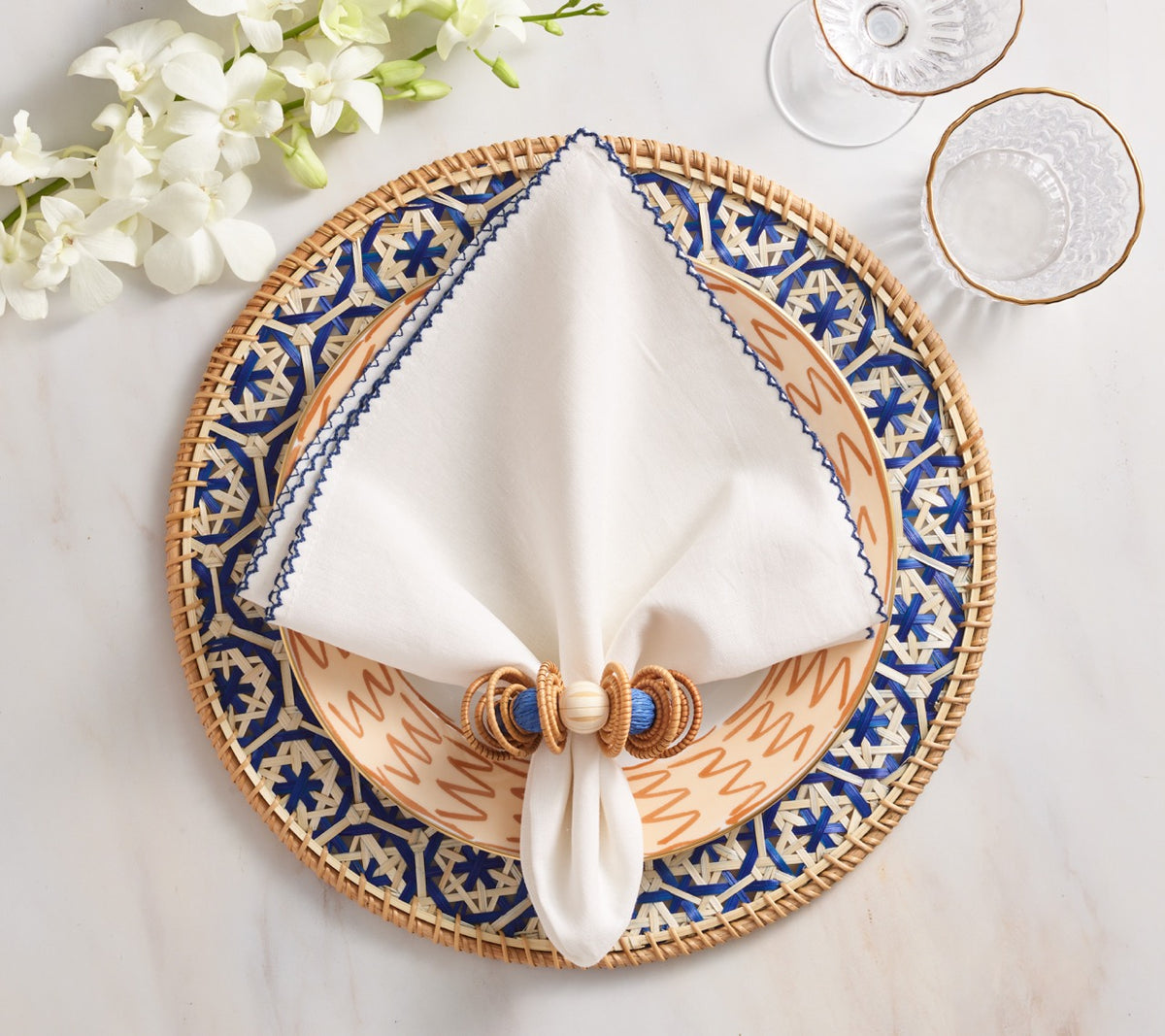 Calypso Napkin Ring in Natural & Blue, Set of 4