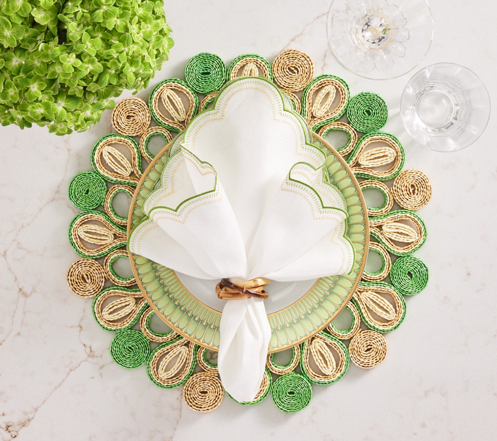 Lune Napkin in White, Green & Gold, Set of 4
