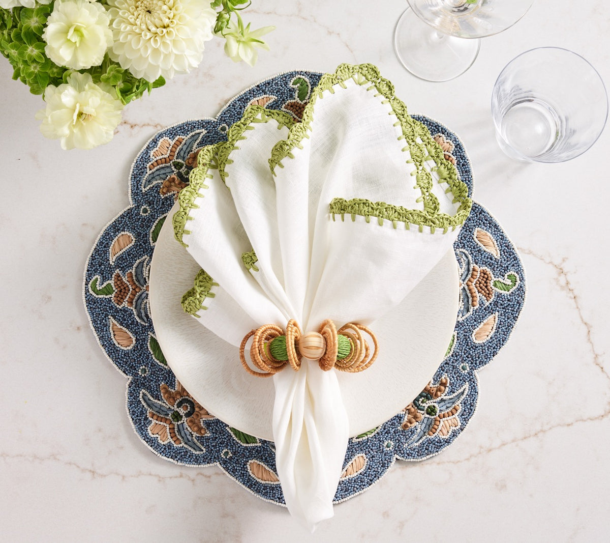 Calypso Napkin Ring in Natural & Green, Set of 4