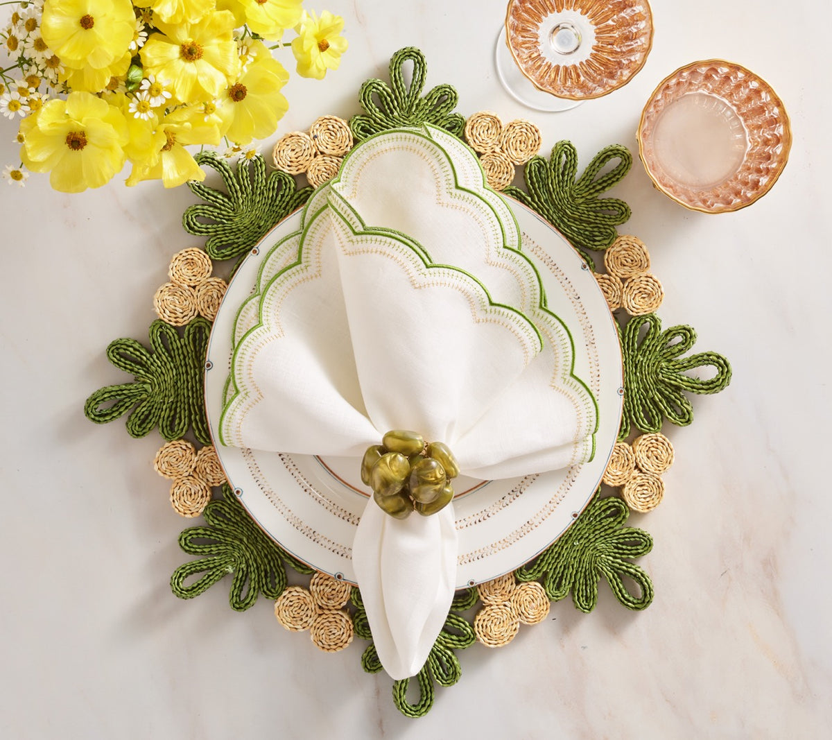 Lune Napkin in White, Green & Gold, Set of 4