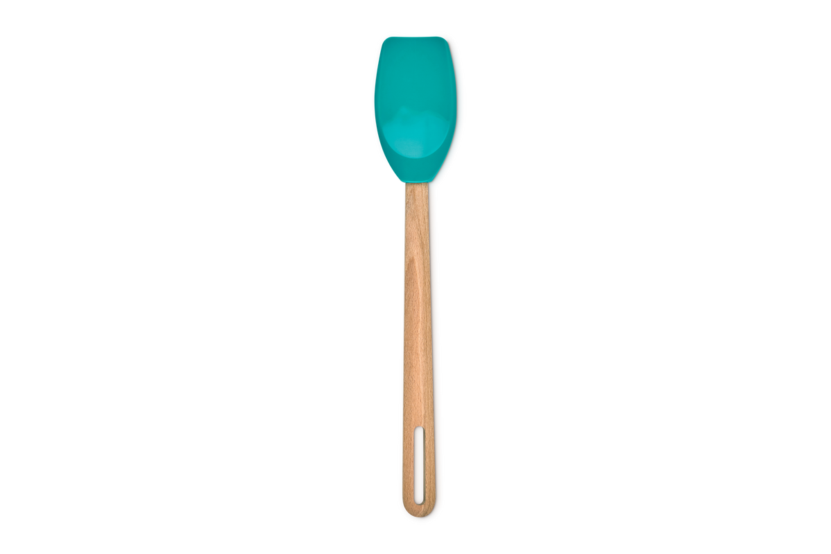 Front view of Signature Silicone Spatula Spoon in Riviera showing turquoise head and beech wood handle on white background