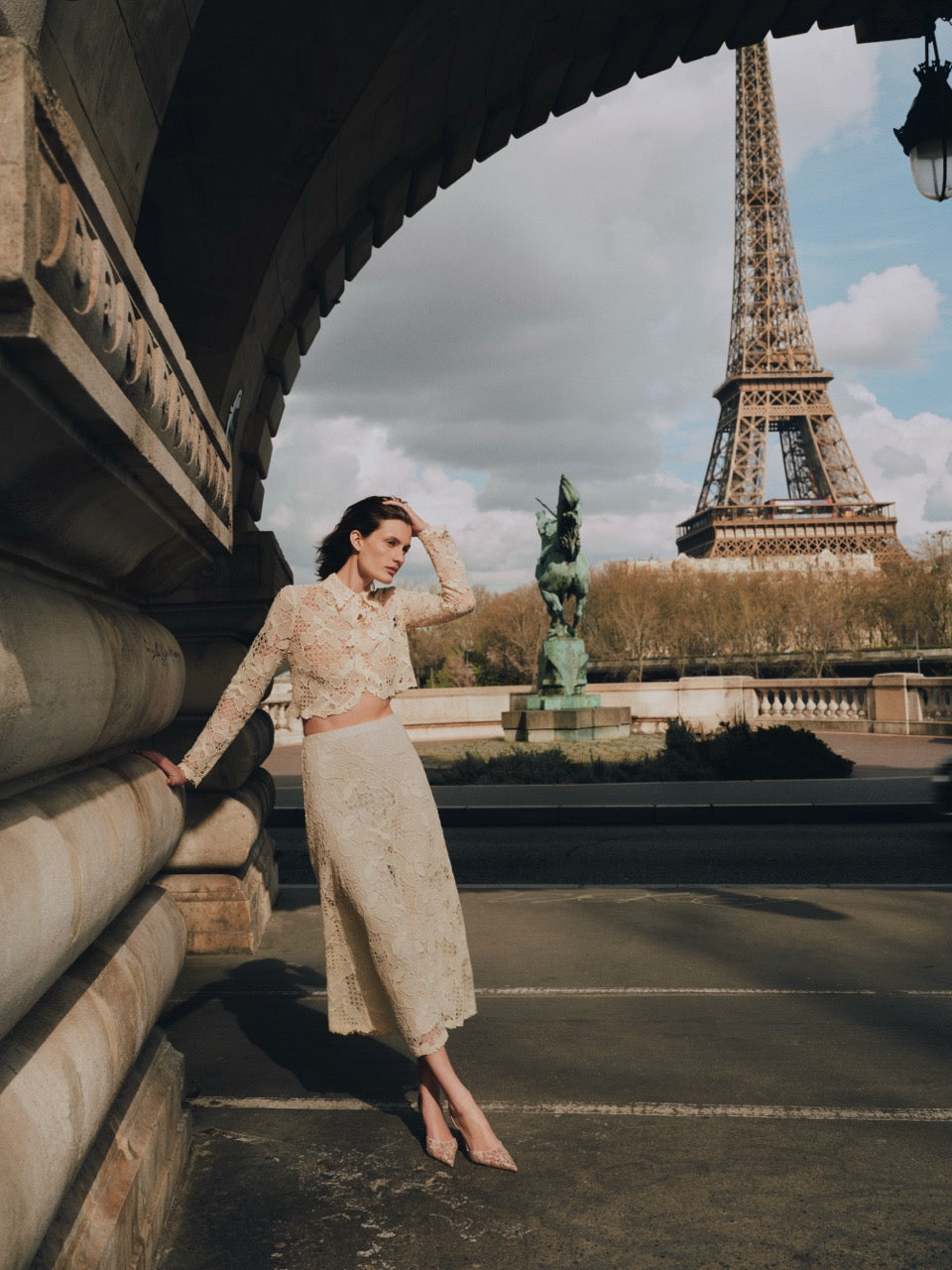 Lattice Guipure Lace Midi Skirt in Cream